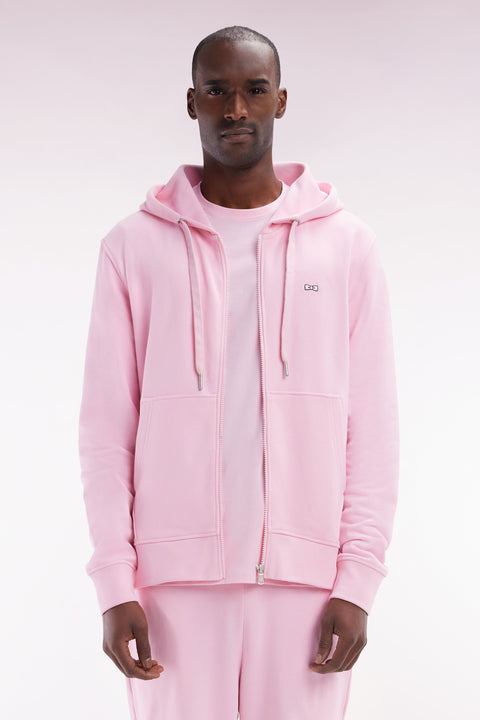 Straight-fit pink cotton fleece zip-up sweatshirt - Image 1