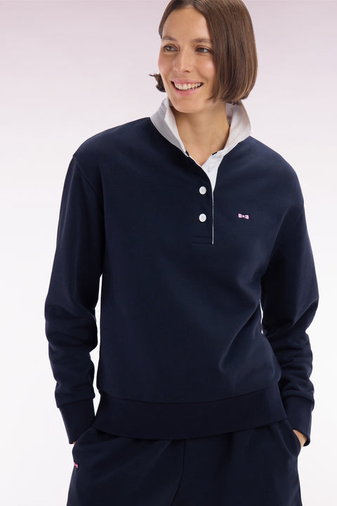 Relaxed-fit navy cotton sweatshirt with a rugby shirt collar - Image 1