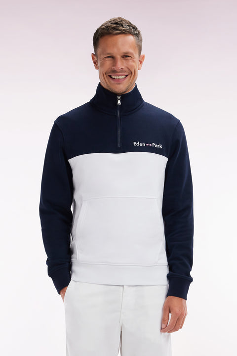 Straight-fit two-tone white and navy cotton trucker collar sweatshirt - Image 1