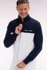 Straight-fit two-tone white and navy cotton trucker collar sweatshirt