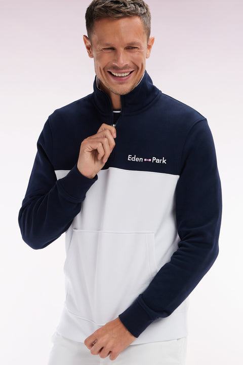 Straight-fit two-tone white and navy cotton trucker collar sweatshirt - Image 2