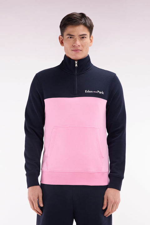 Straight-fit two-tone pink and navy cotton trucker collar sweatshirt - Image 1