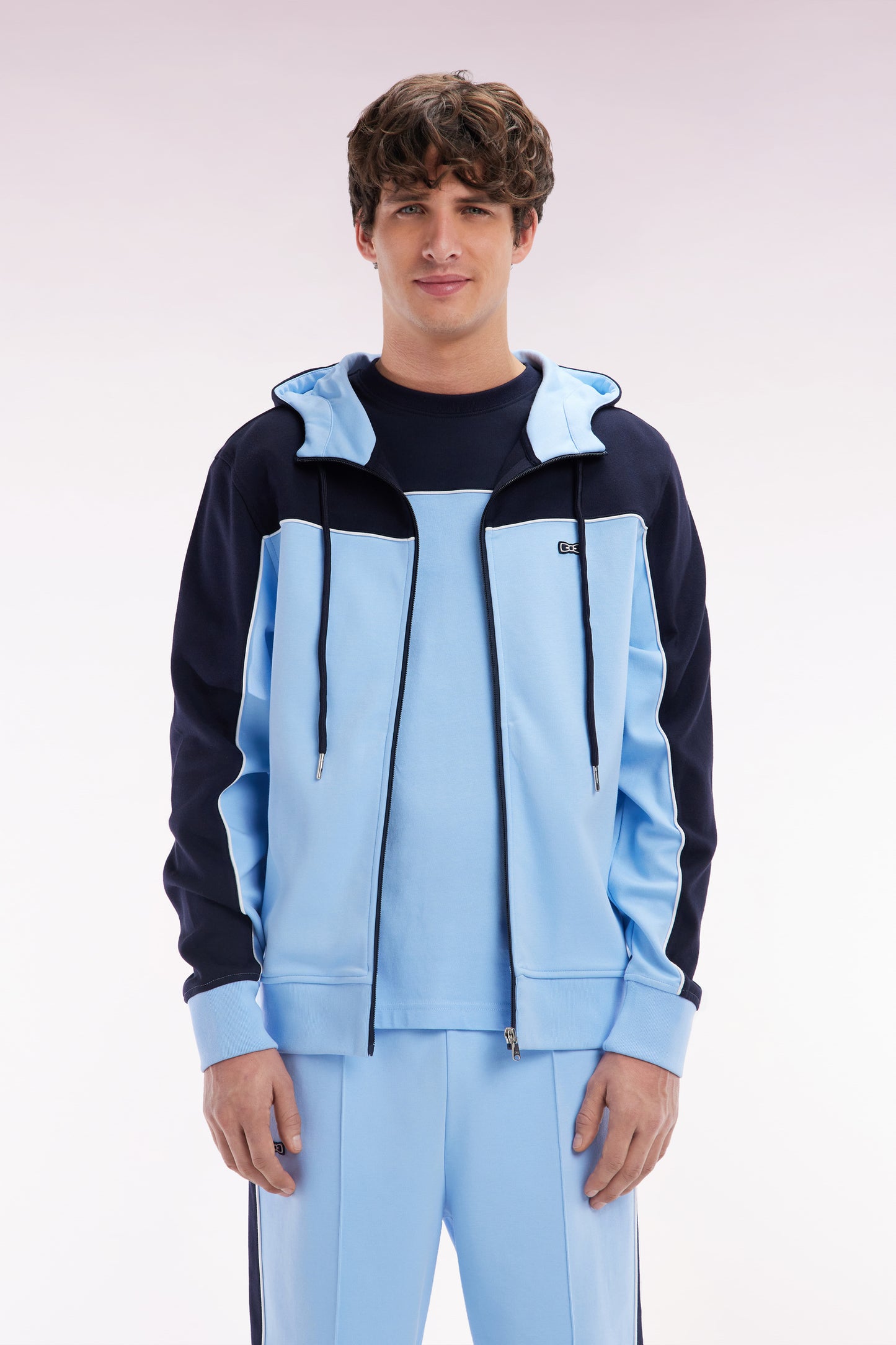 Straight-fit zip-up hooded sweatshirt in sky blue and white cotton