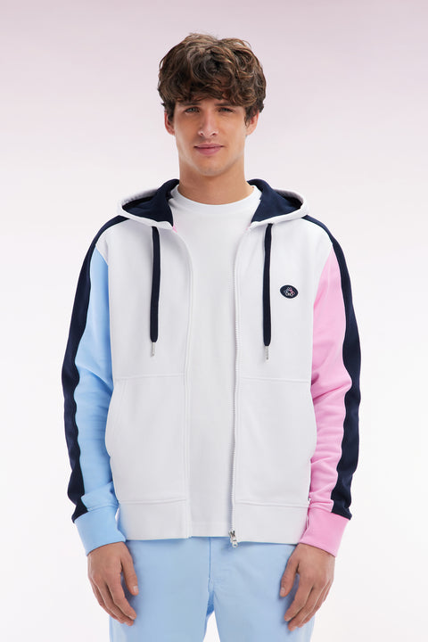 Straight-fit zipped sweatshirt in white colorblock cotton fleece - Image 1