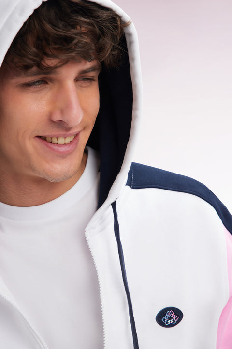 Straight-fit zipped sweatshirt in white colorblock cotton fleece - Image 3