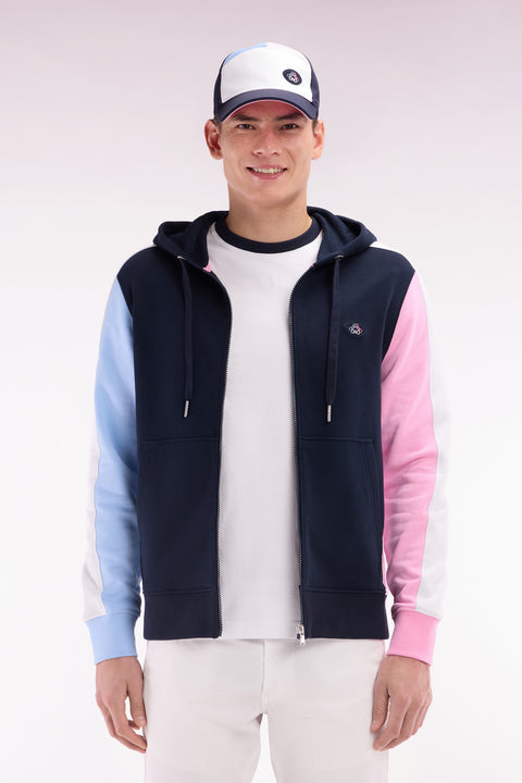 Straight-fit zipped sweatshirt in navy colorblock cotton fleece - Image 1
