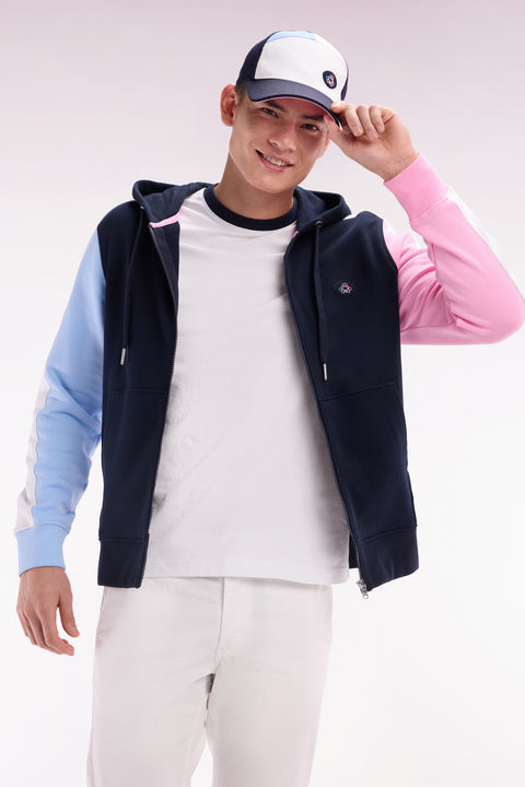 Straight-fit zipped sweatshirt in navy colorblock cotton fleece - Image 3
