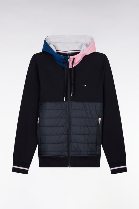 Straight-fit two-material zip-up sweatshirt in navy cotton fleece with quilted facing - Image 2