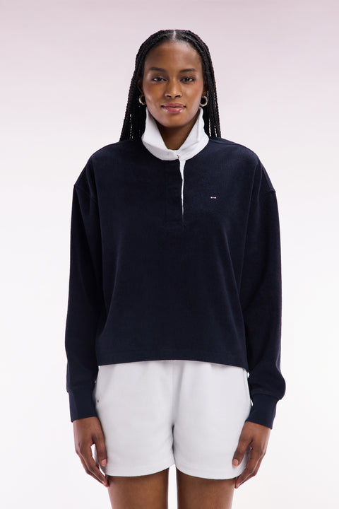 Navy cotton sweatshirt with navy rugby shirt collar - Image 3