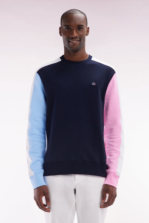 Straight-fit navy cotton fleece tricolor sweatshirt - Image 1