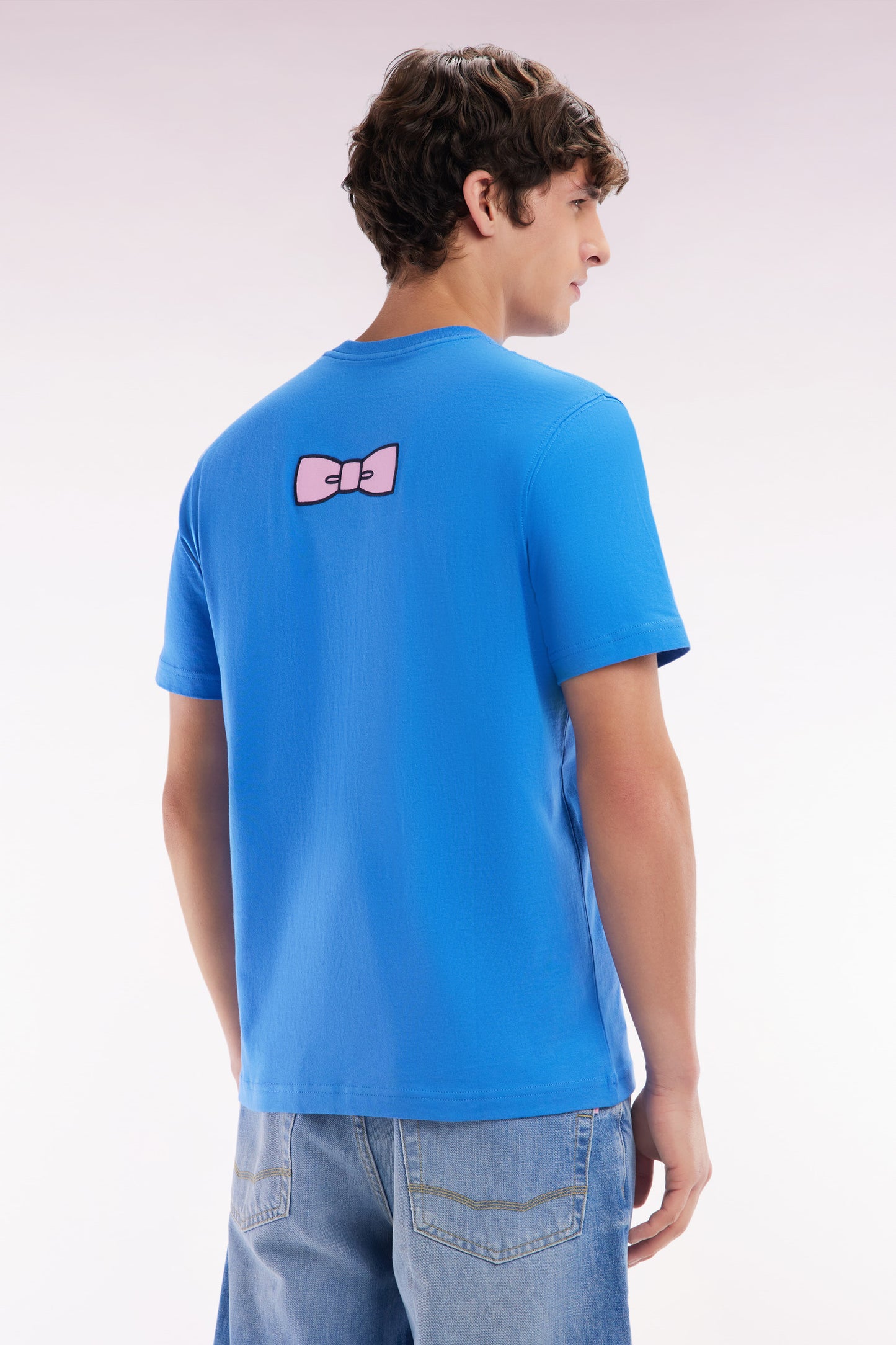 Straight-fit blue Pima cotton T-shirt with back embroidery