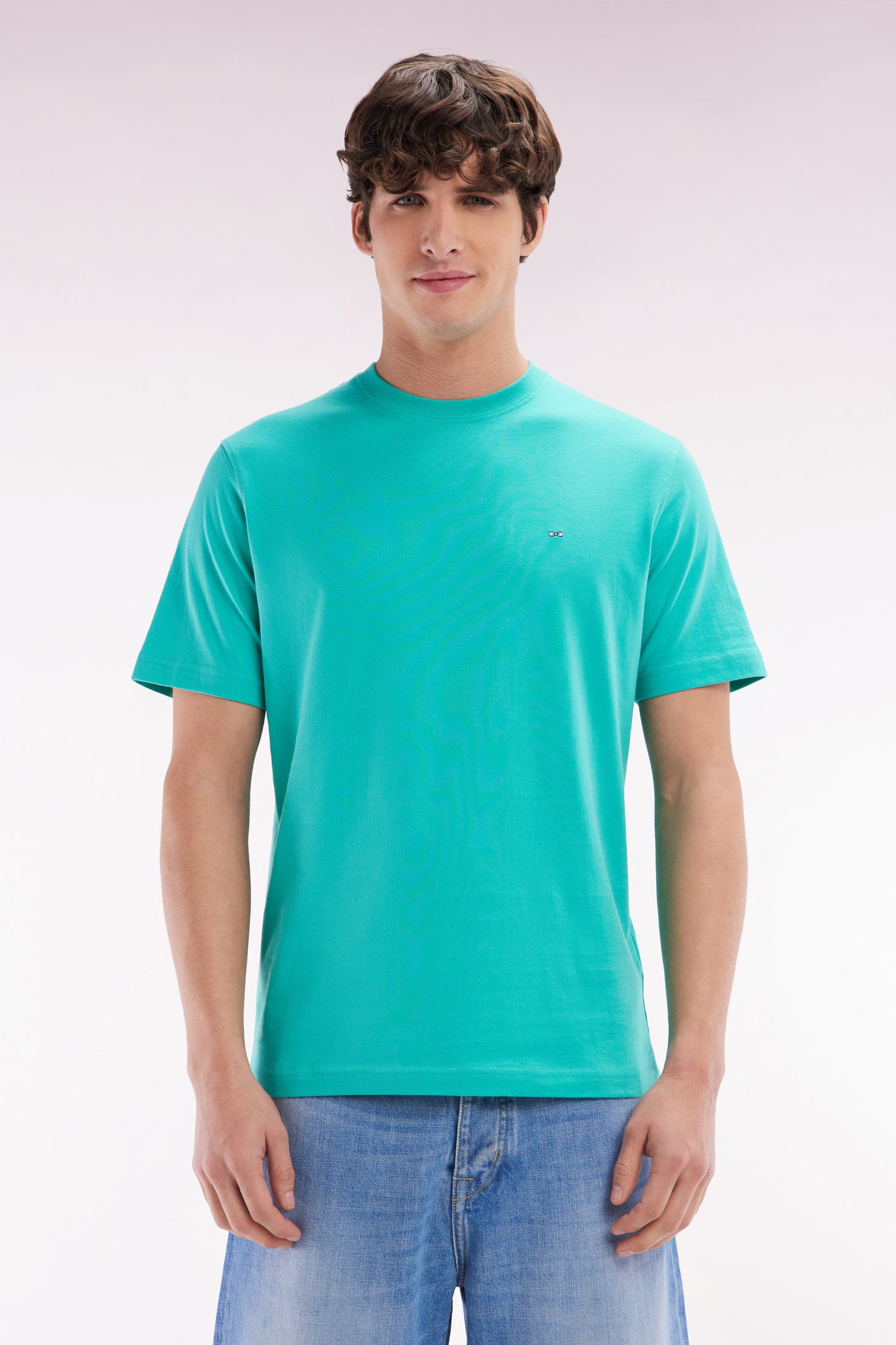 Straight-fit green Pima cotton T-shirt with back embroidery