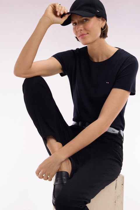 Round-neck T-shirt in black lightweight Pima cotton jersey, straight cut - Image 3