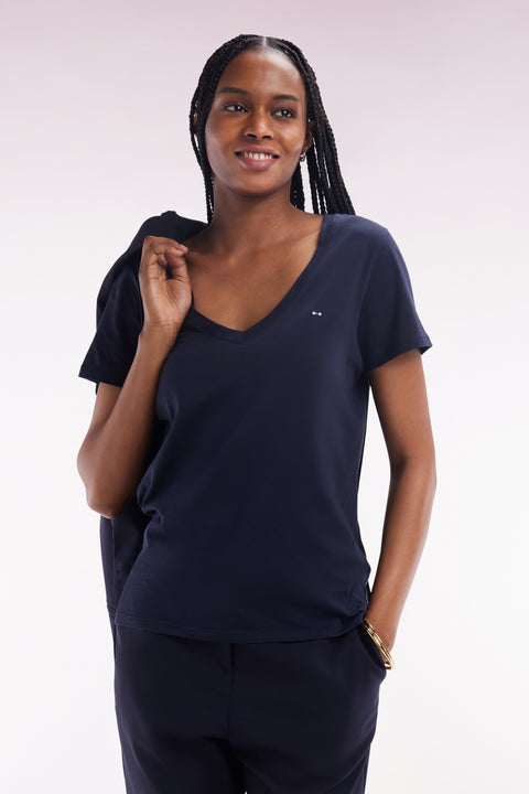 V-neck T-shirt in lightweight navy Pima cotton jersey, straight cut - Image 1