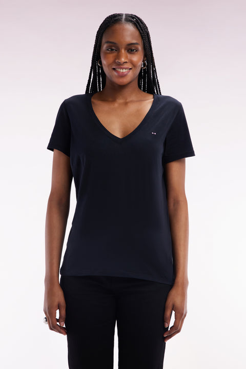 V-neck T-shirt in black lightweight Pima cotton jersey, straight cut - Image 1