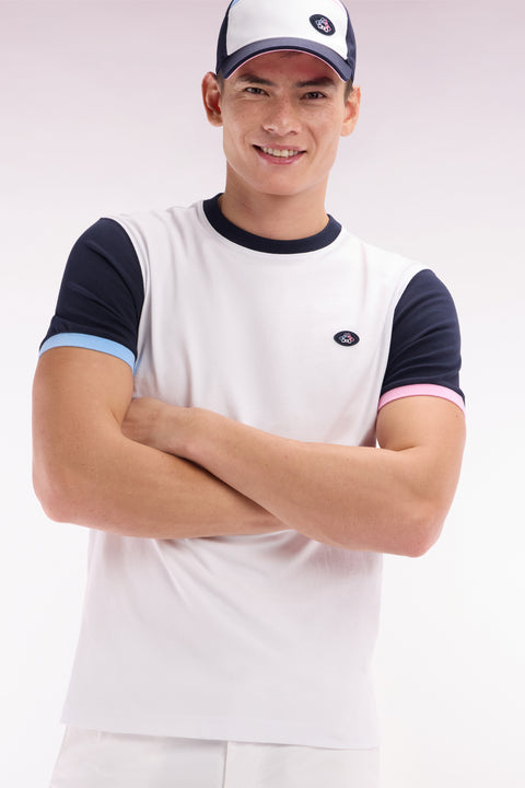 Straight-fit white cotton embroidered colorblock t-shirt - Image 3