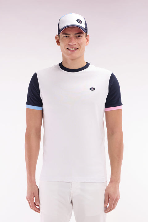 Straight-fit white cotton embroidered colorblock t-shirt - Image 1