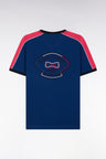 Straight-fit dark blue cotton T-shirt with back embroidery and cutouts