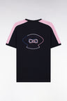 Straight-fit navy cotton T-shirt with back embroidery and cutouts