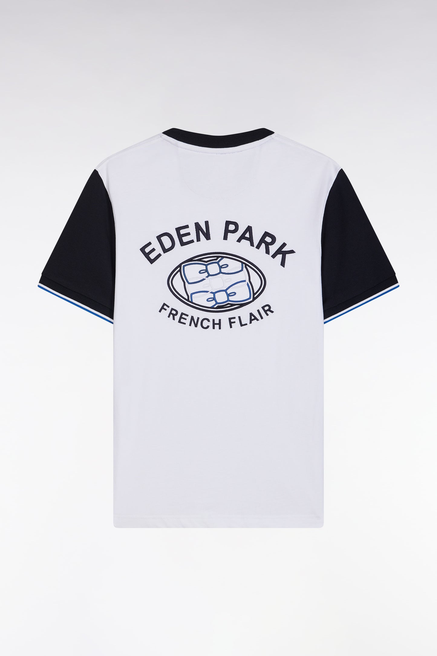Straight-fit white and navy cotton T-shirt with back embroidery