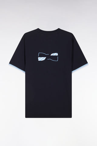 Straight-fit two-tone navy cotton T-shirt with bow tie embroidery