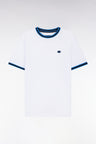 White cotton T-shirt with blue ribbing, relaxed fit