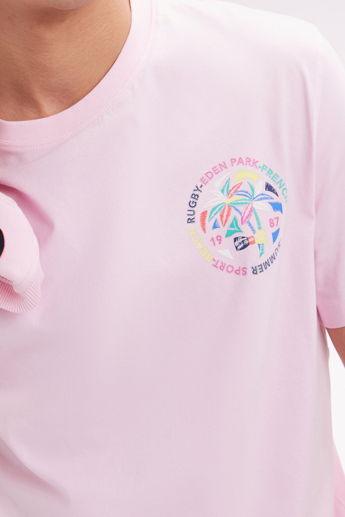 Pink cotton T-shirt with multicoloured screen print relaxed fit