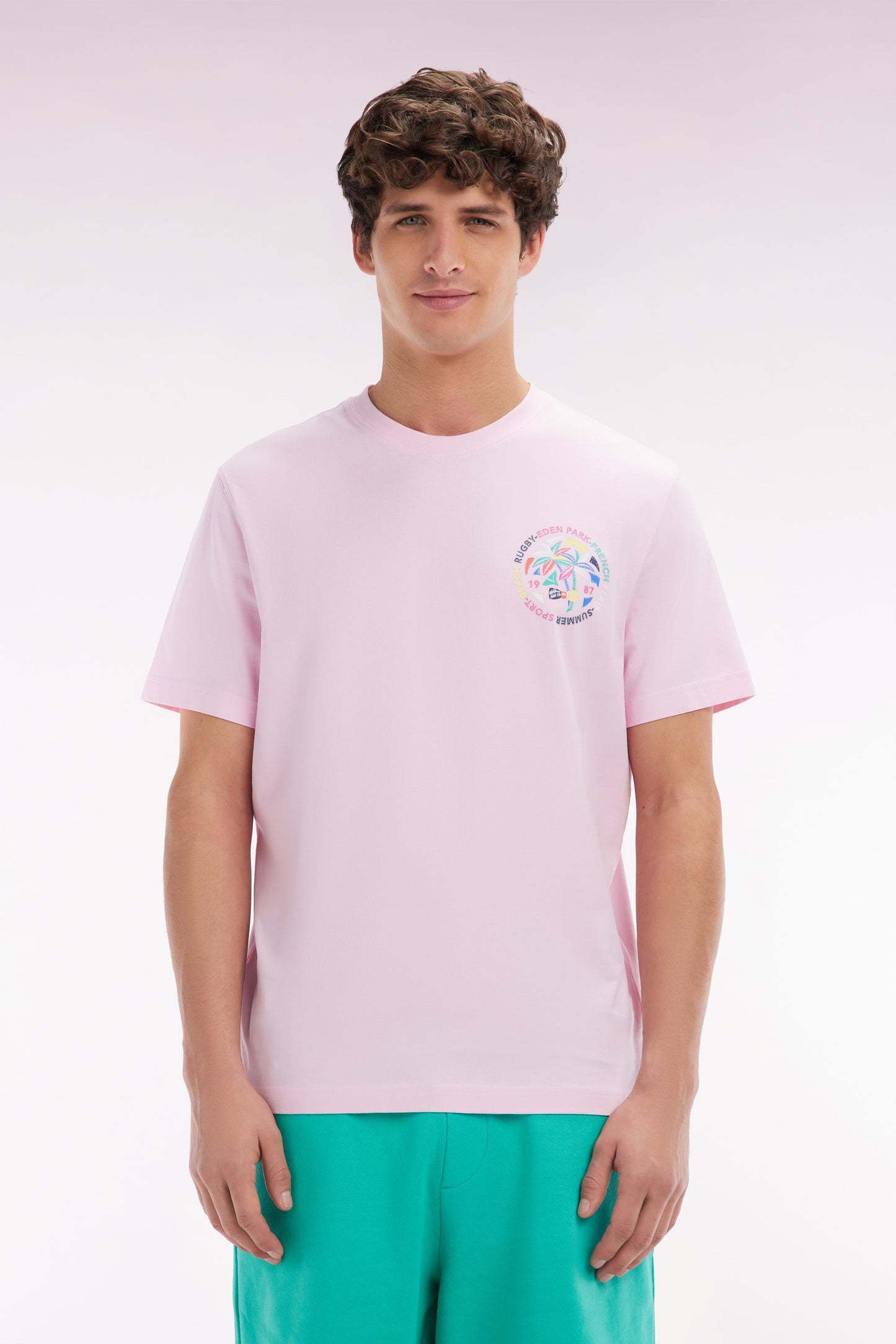 Pink cotton T-shirt with multicoloured screen print relaxed fit