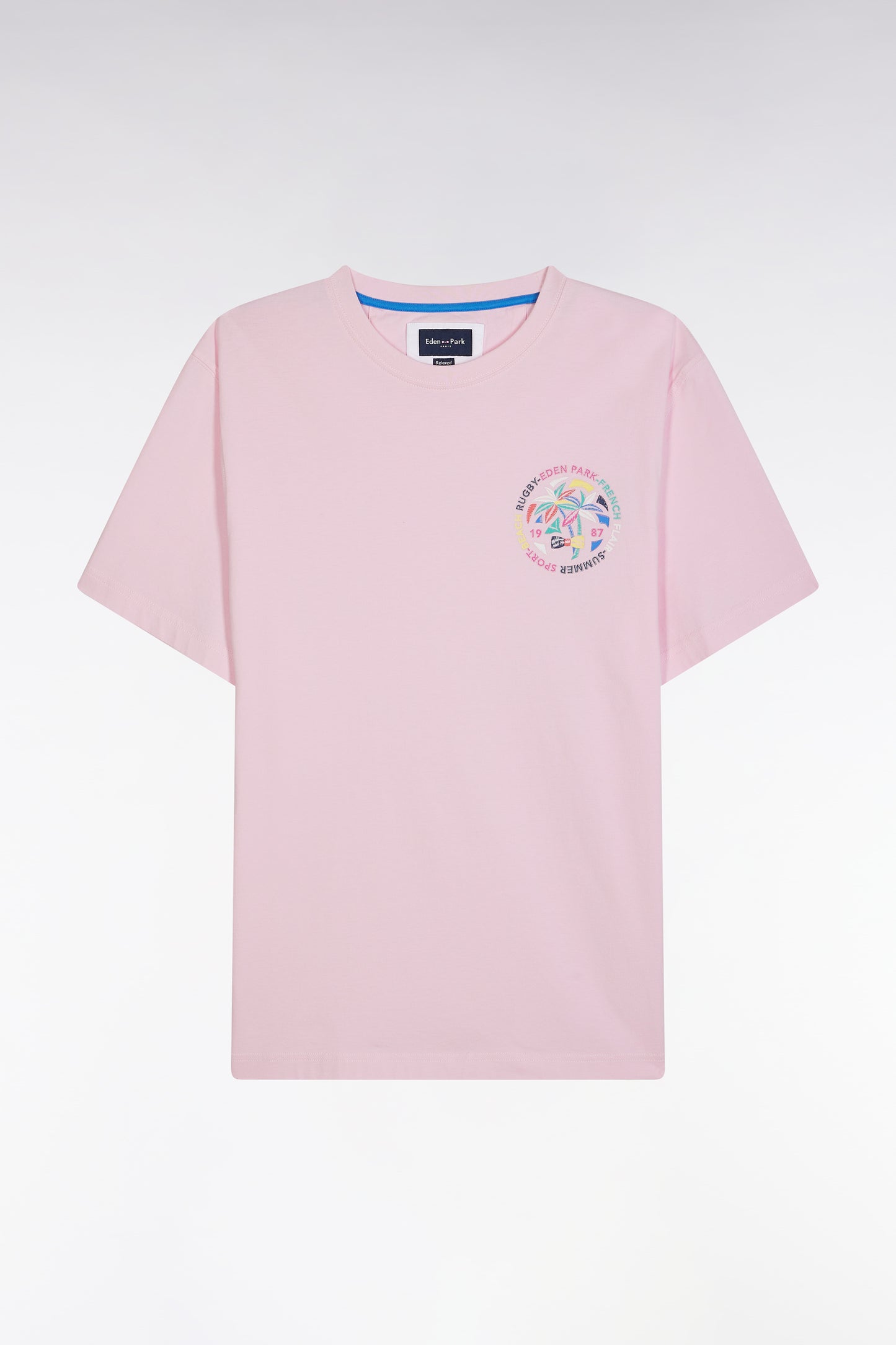 Pink cotton T-shirt with multicoloured screen print relaxed fit
