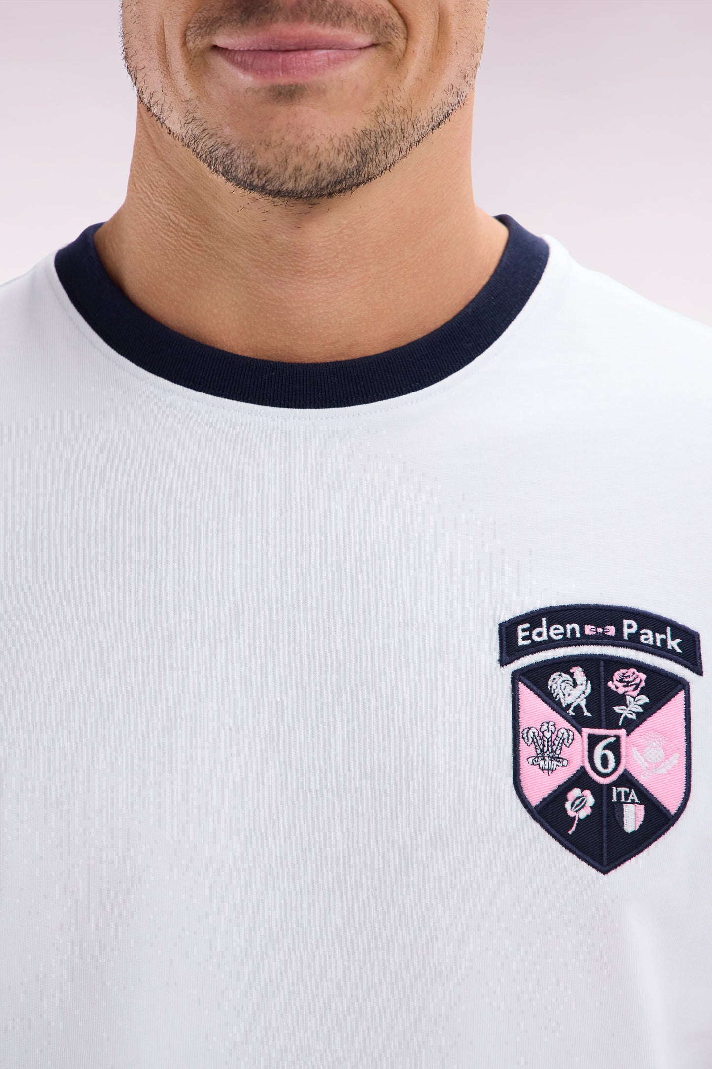 White cotton T-shirt with 6 Nations crest, straight cut