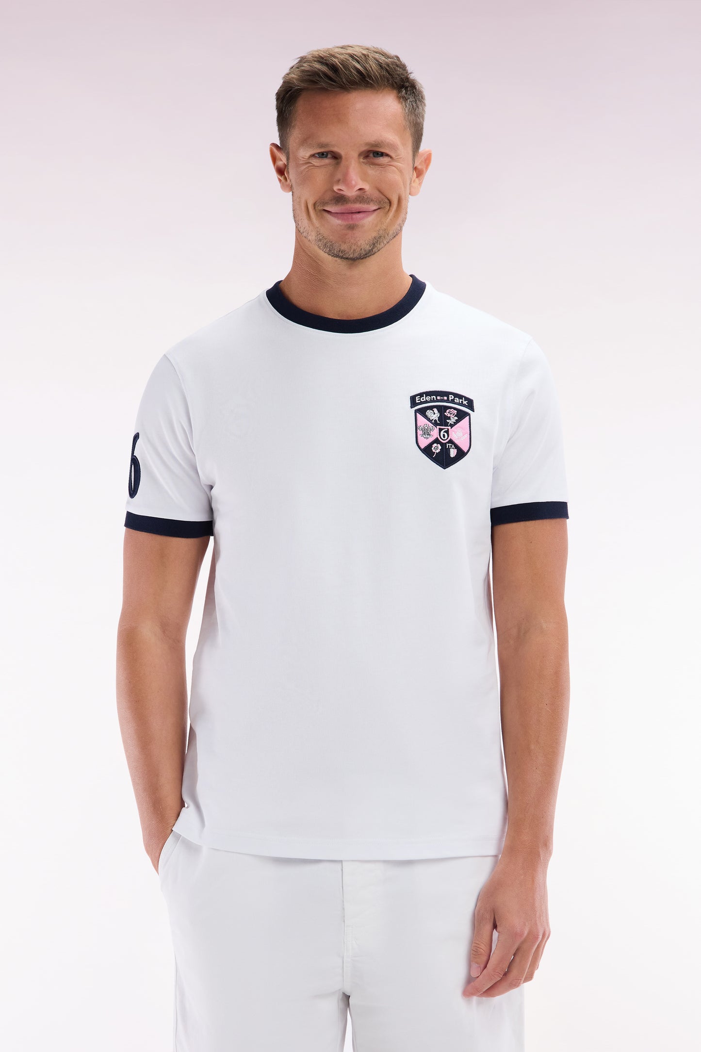 White cotton T-shirt with 6 Nations crest, straight cut