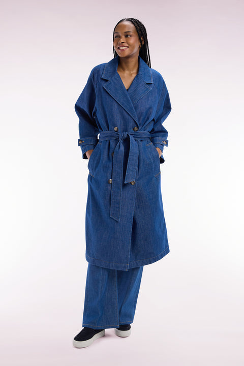 Oversized blue denim trench coat - Image 1