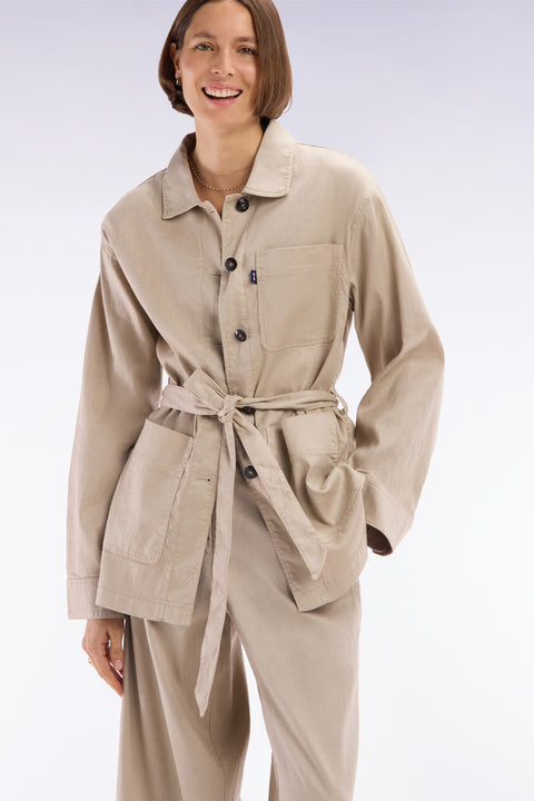 Oversized belted beige overshirt in linen and stretch cotton - Image 1