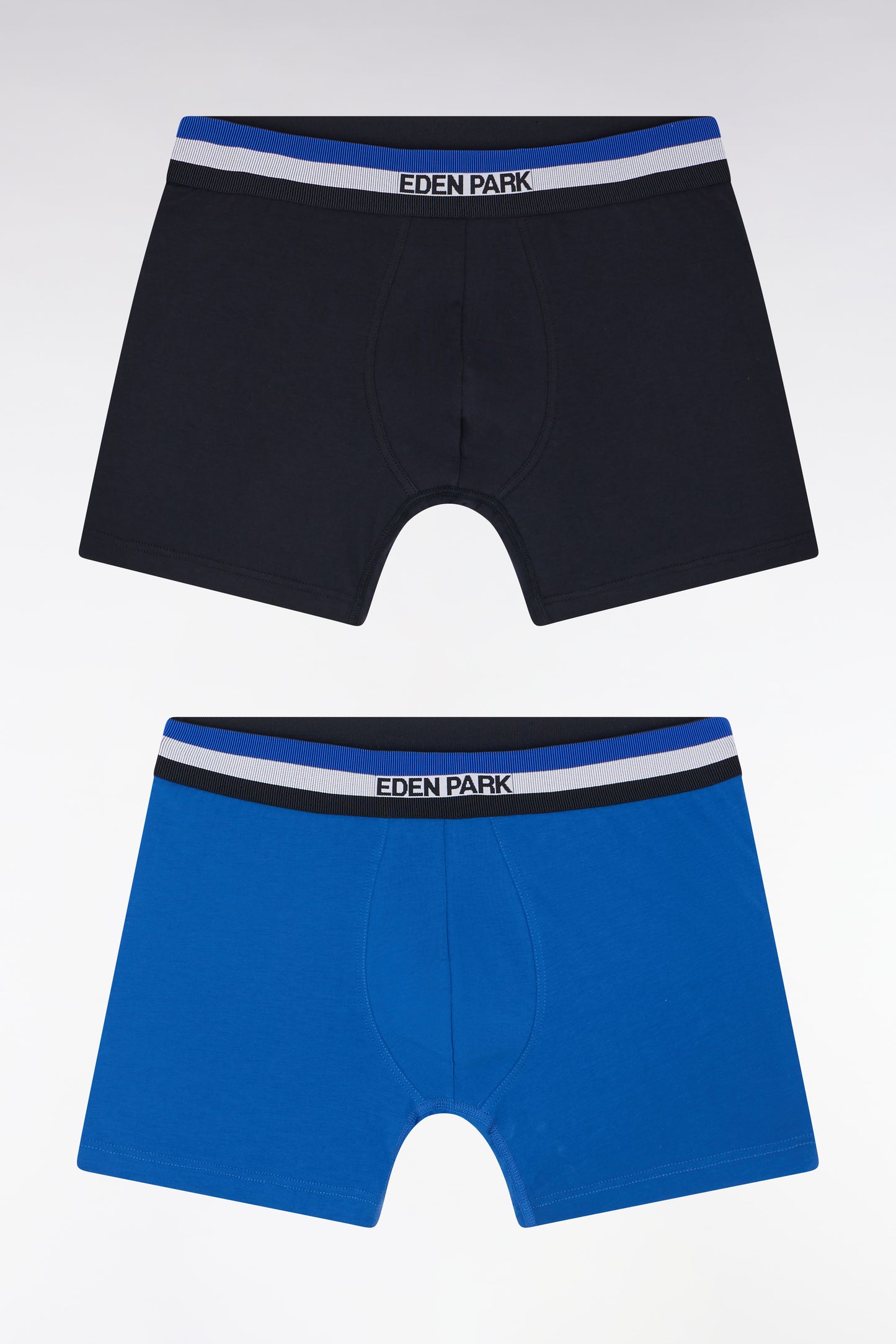 Set of two plain stretch cotton jersey boxers with navy and blue three-tone elastic waistband