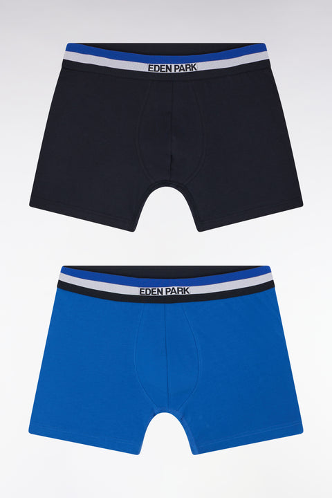 Set of two plain stretch cotton jersey boxers with navy and blue three-tone elastic waistband - Image 1