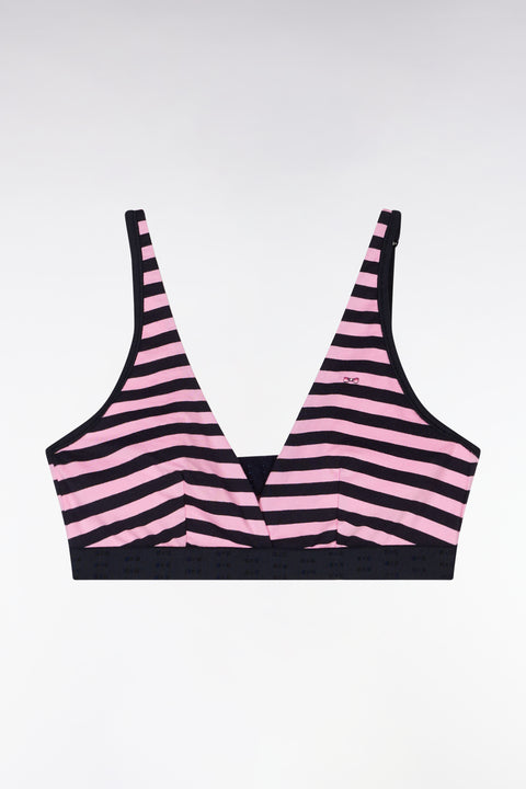Stretch cotton bra with pink and navy elastic band and logo - Image 1