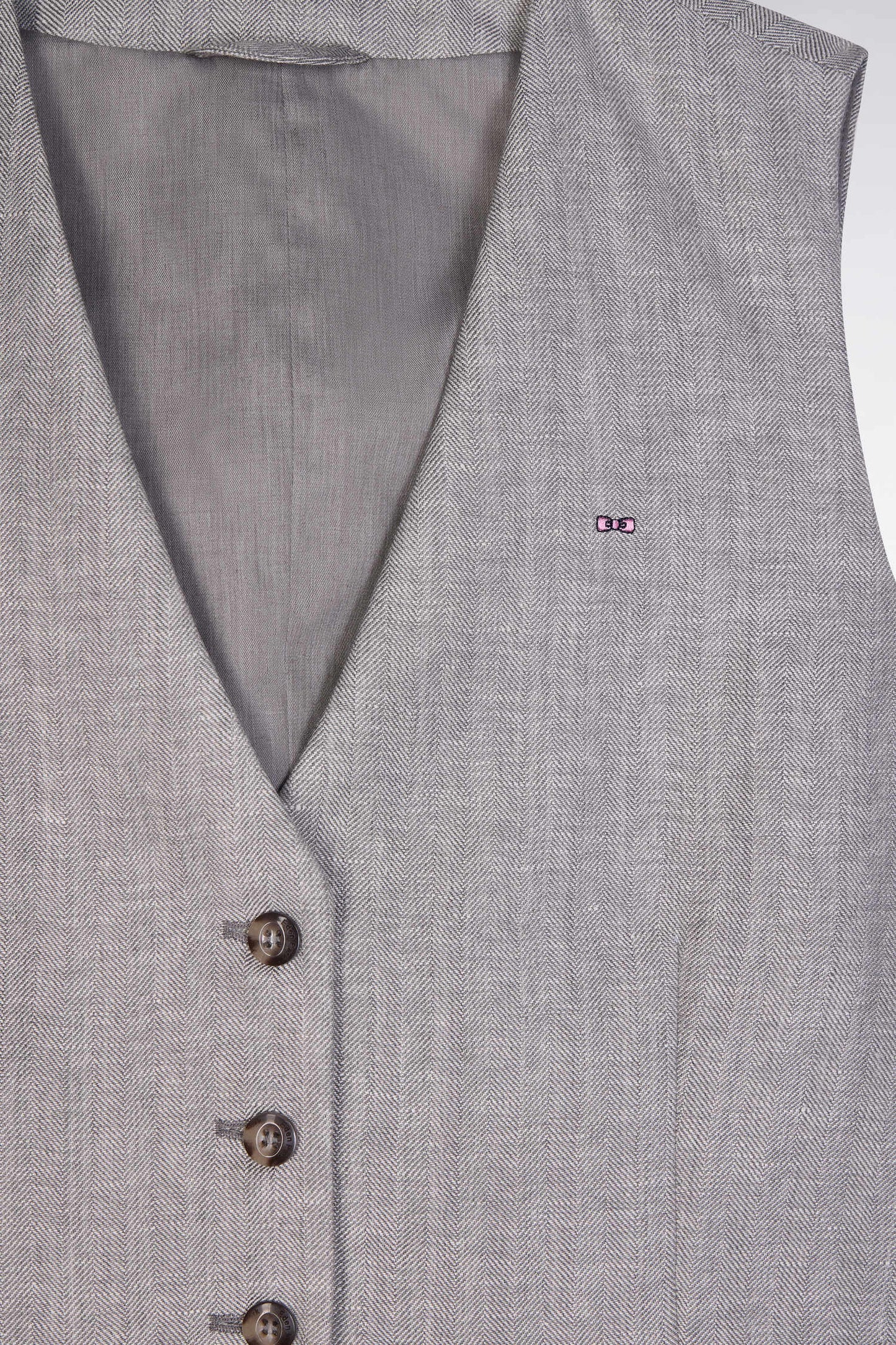 Grey suit waistcoat in linen and wool twill with herringbone pattern
