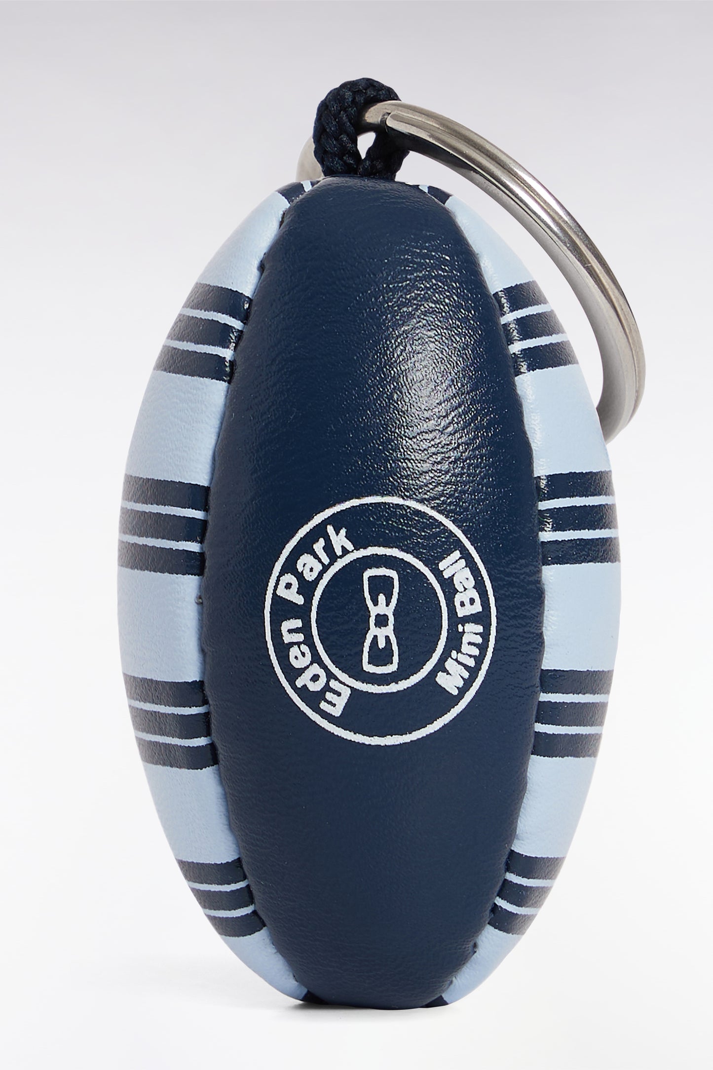 Sky and navy striped rugby ball key ring