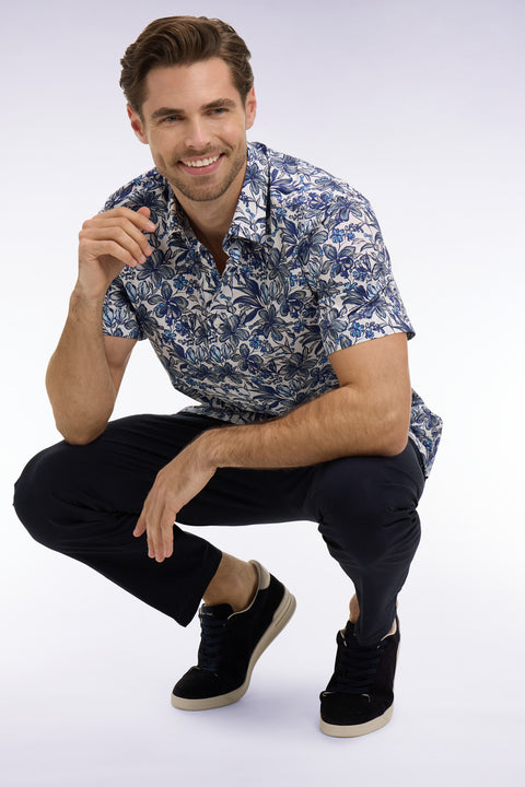 Short-sleeved shirt in navy cotton poplin with floral pattern - Image 1