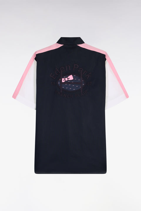 Short-sleeved white and navy cotton shirt with back embroidery - Image 2