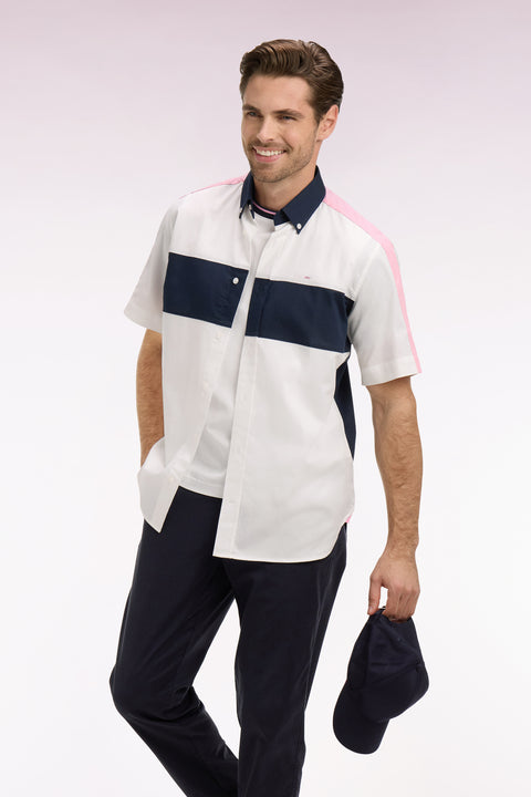 Short-sleeved white and navy cotton shirt with back embroidery - Image 1