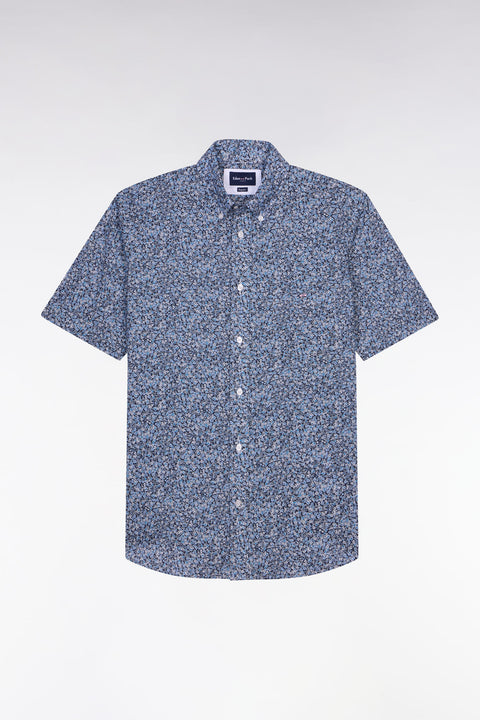 Short-sleeved blue cotton shirt with floral micro-pattern - Image 3