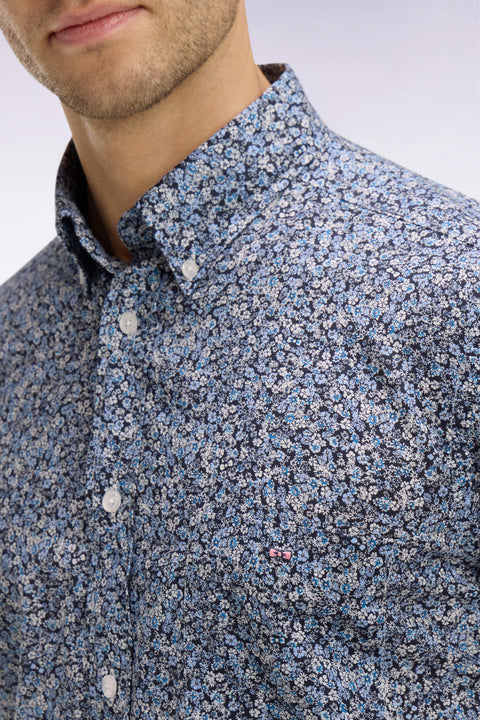 Short-sleeved blue cotton shirt with floral micro-pattern - Image 2