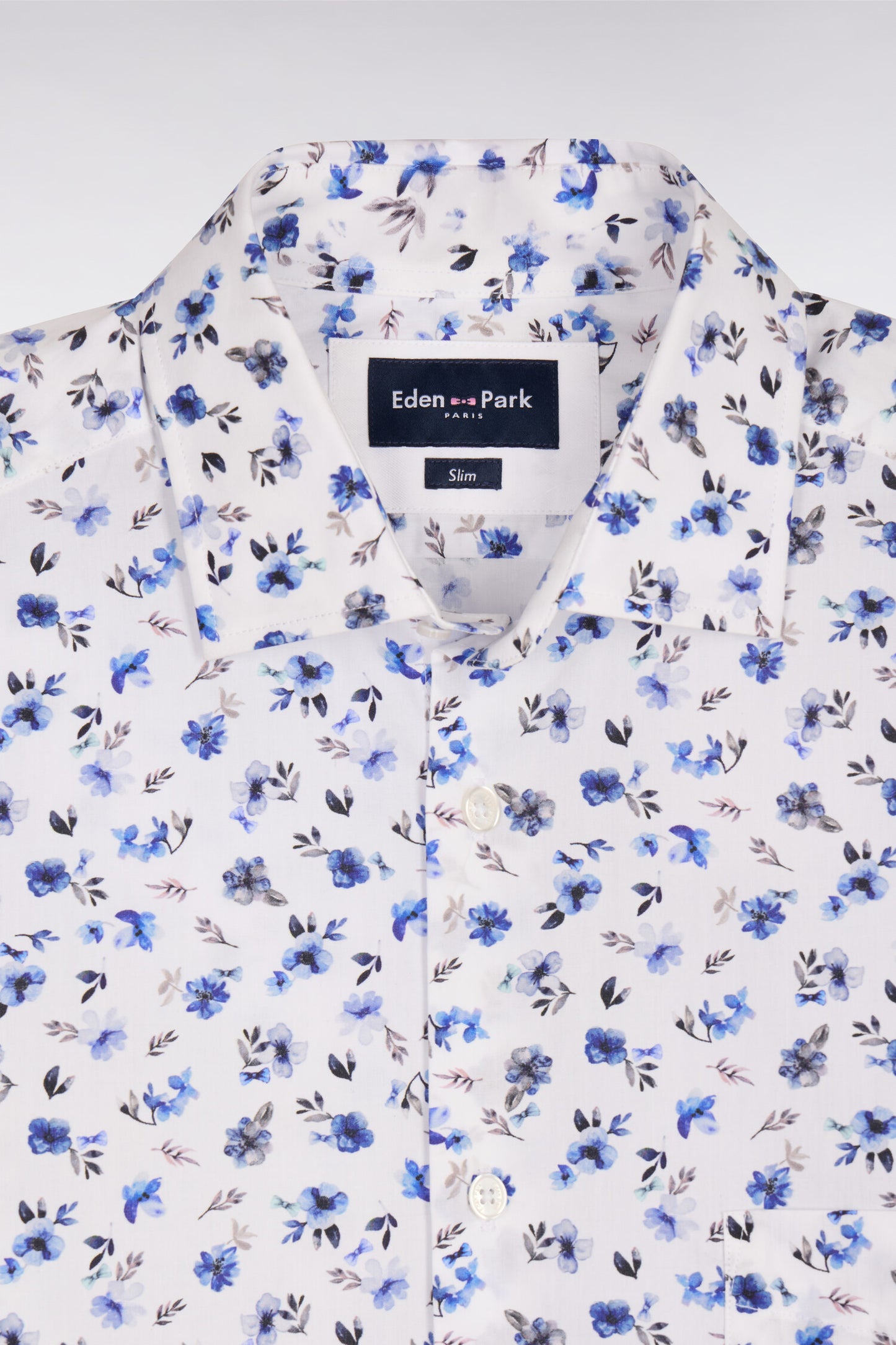 Slim fit blue floral print cotton poplin shirt
