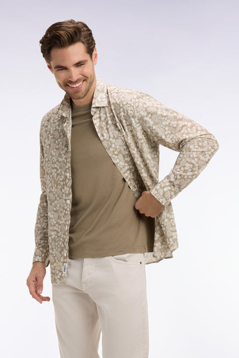 Chemise en popeline de coton beige à micromotifs végétal coupe slim - Image 1