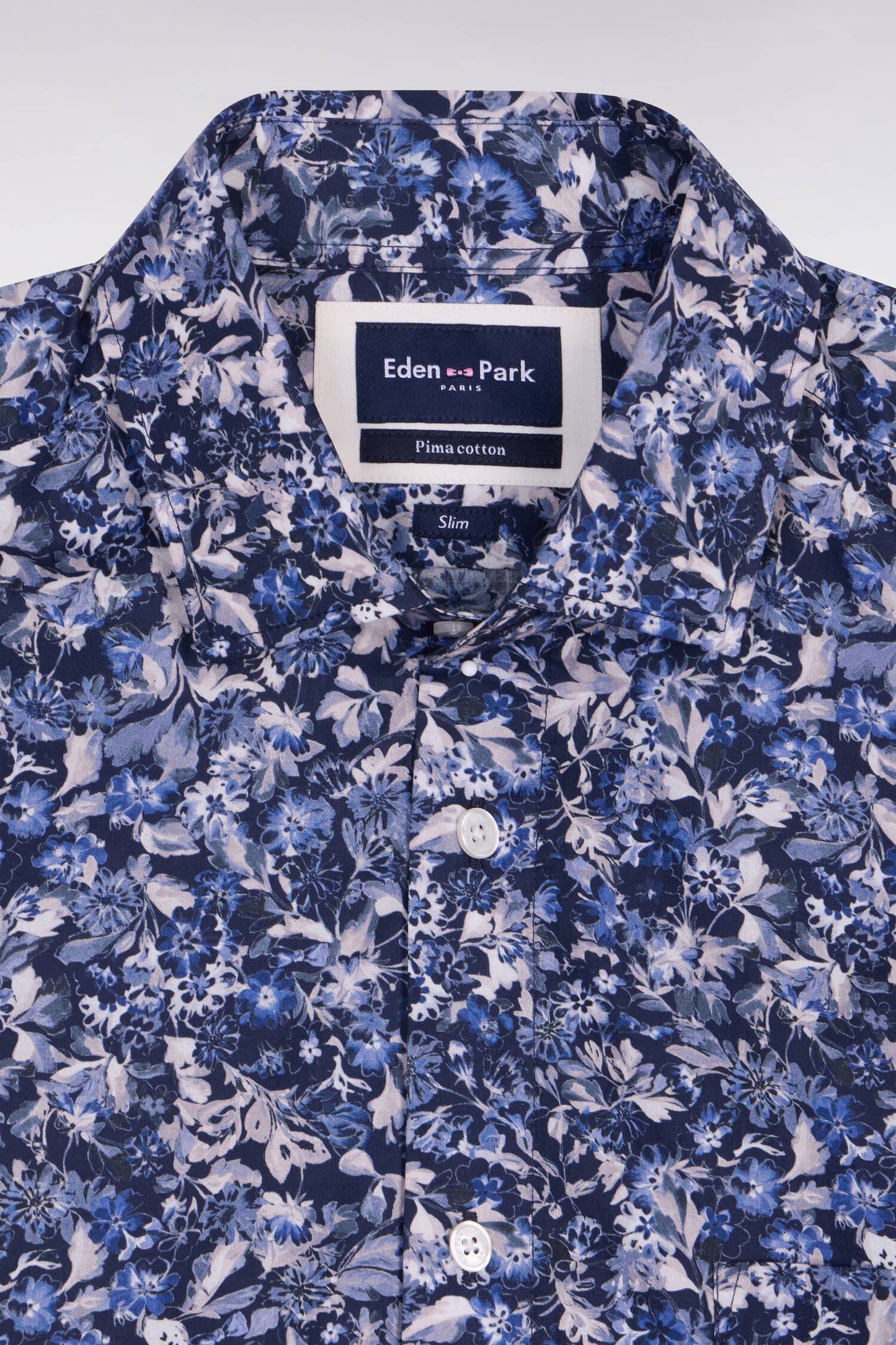 Slim fit navy cotton poplin shirt with floral microprint