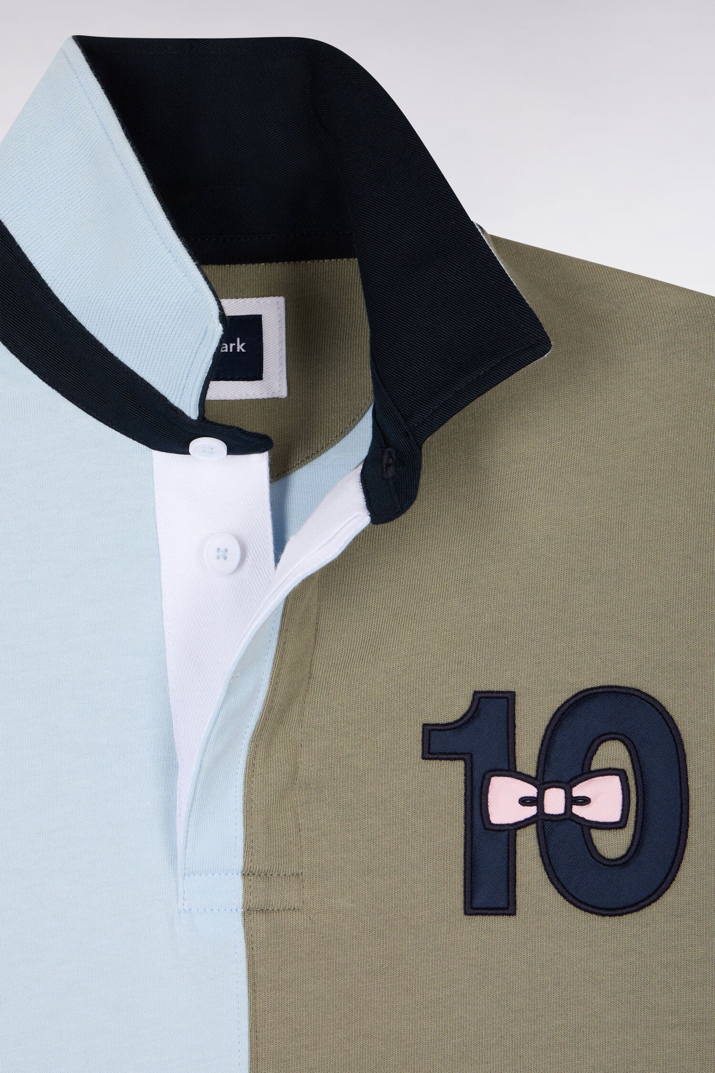Short-sleeved jersey in two-tone cotton, khaki and sky blue, embroidery 10, regular fit