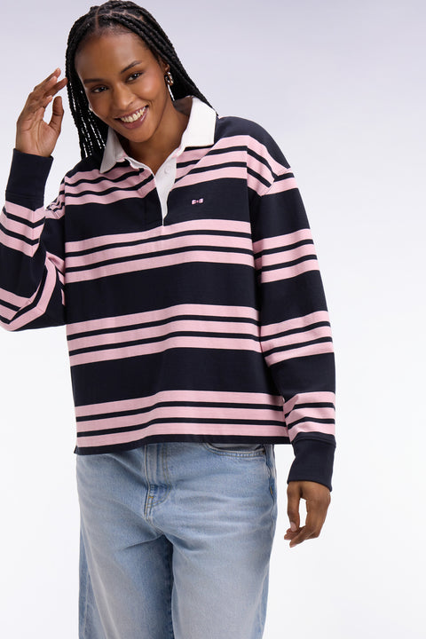 Maillot à manches longues rayé marine et rose coupe oversized - Image 1