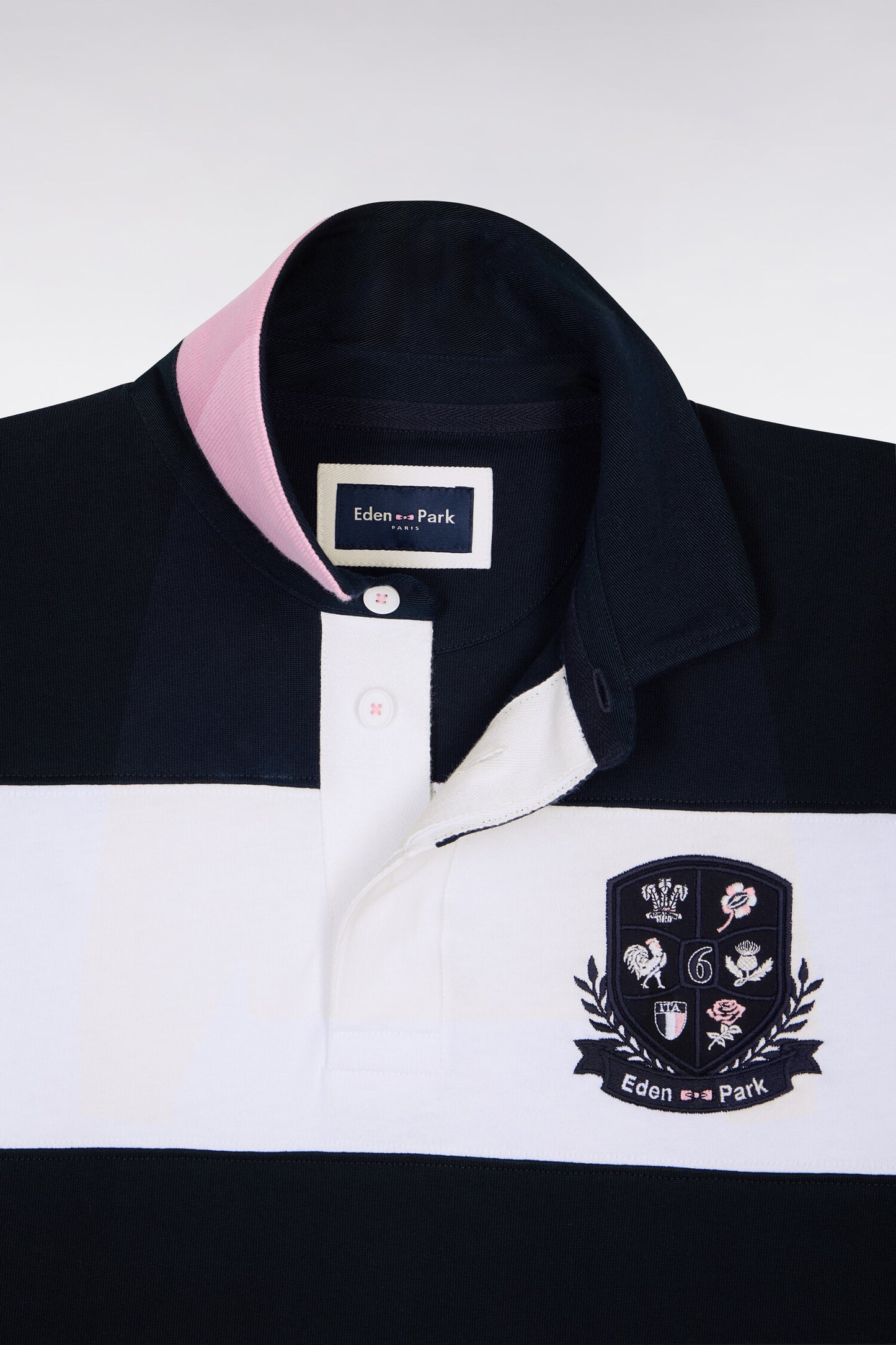 6 Nations long-sleeved jersey in white and navy striped cotton