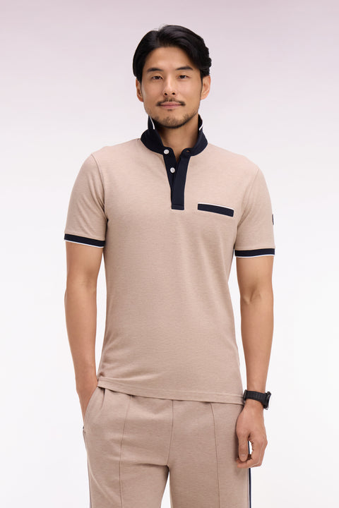 Polo manches courtes en piqué coton stretch beige coupe slim - Image 3